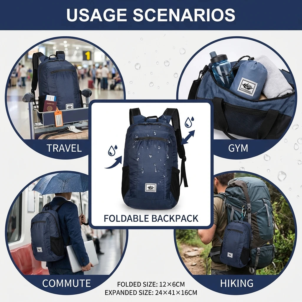Foldable Waterproof Backpack Large Capacity Lightweight Travel Sports Bag for Hiking Commuting Gym Use Peaceful Pleasures Health and Wellness