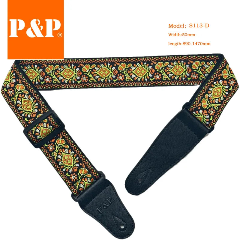 Guitar Strap Embroidered Belt Adjustable Jacquard Band Cotton Leather
