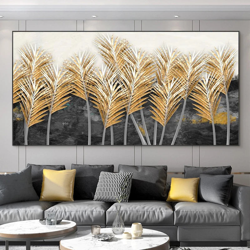 Abstract Leaves Oil Painting Print On Canvas Texture Golden and Silver Trees Wall Art Modern Home Decor Living Room Wall Decor Peaceful Pleasures Health and Wellness black golden-15 50x100cm