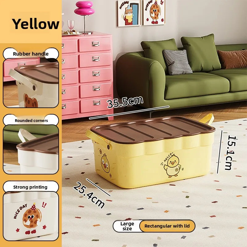 Cartoon Pattern Lidded Storage Box for Toys Snacks Dustproof Desktop Container Household Storage Solution for Various Items Peaceful Pleasures Health and Wellness Yellow with Lid L 1 Pc