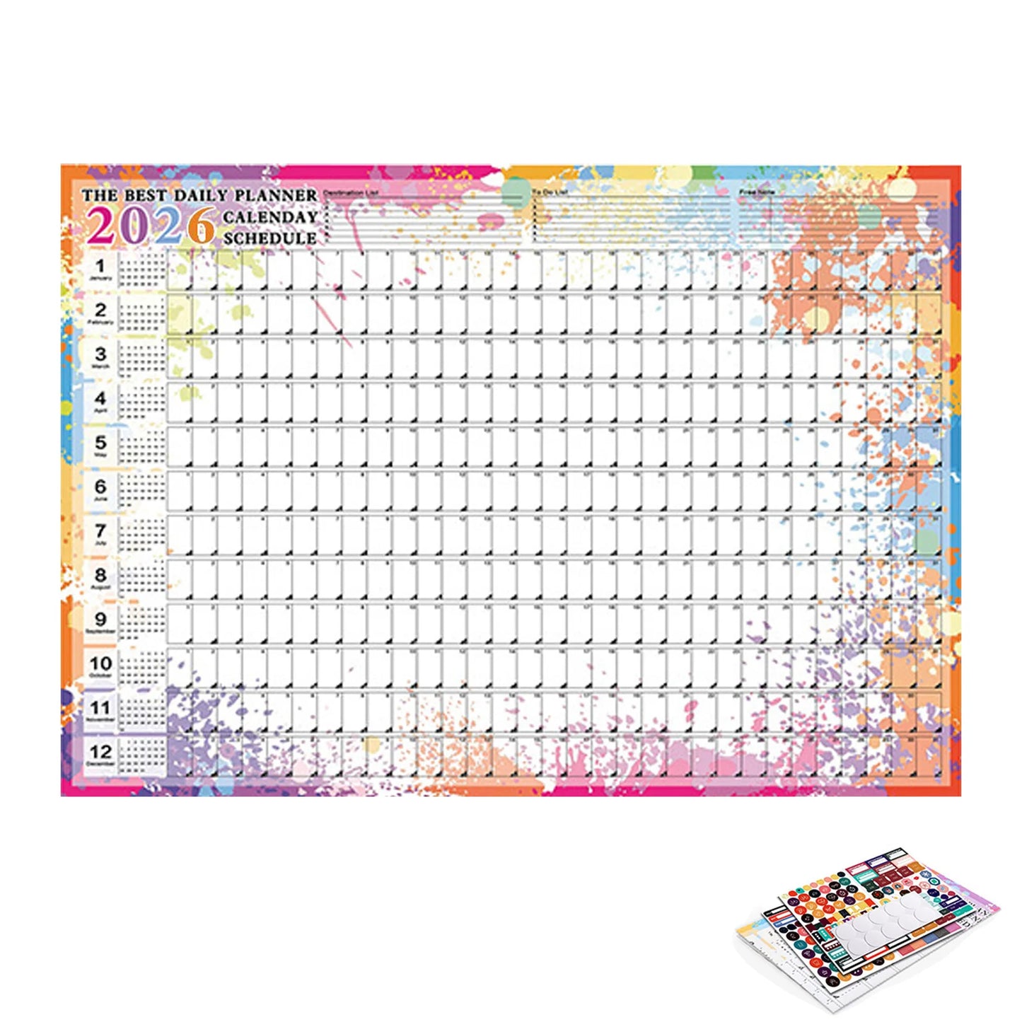 2026 Yearly Wall Calendar Poster with Stickers Large Planning Schedule Home Office Organization Time Management Tool Peaceful Pleasures Health and Wellness B