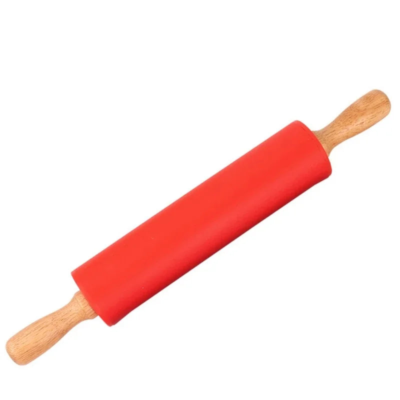 Non-Stick Silicone Rolling Pin Wooden Handle Pastry Dough Flour Roller Kitchen Cooking Baking Tool For Pasta Cookie Dough Peaceful Pleasures Health and Wellness Red 23cm
