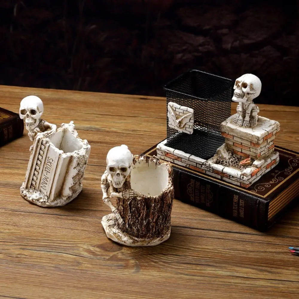 Scary Halloween Skull Pen Holder Resin Crafts Festival Skulls Pencil Storage Bucket Funny Skeleton Toothbrush Holder Peaceful Pleasures Health and Wellness