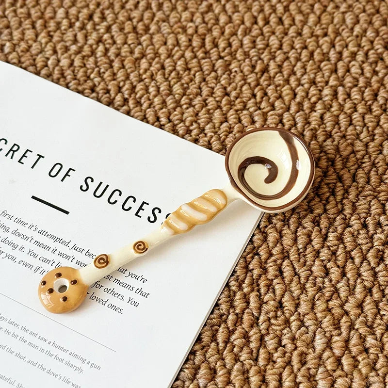 High Aesthetic Ceramic Long Handled Spoon Cute Baking Bread and Biscuit Design Household Rice Spoon Soup Spoon Underglaze Color Peaceful Pleasures Health and Wellness A