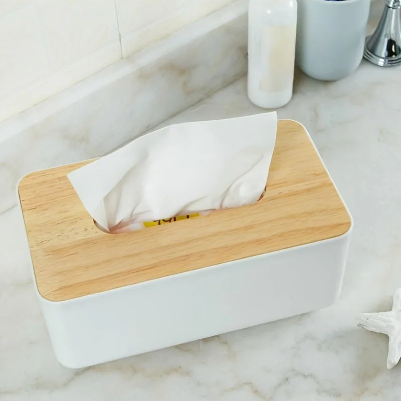 Minimalist Tissue Box Cover – Wooden Top Dustproof PP Organizer
