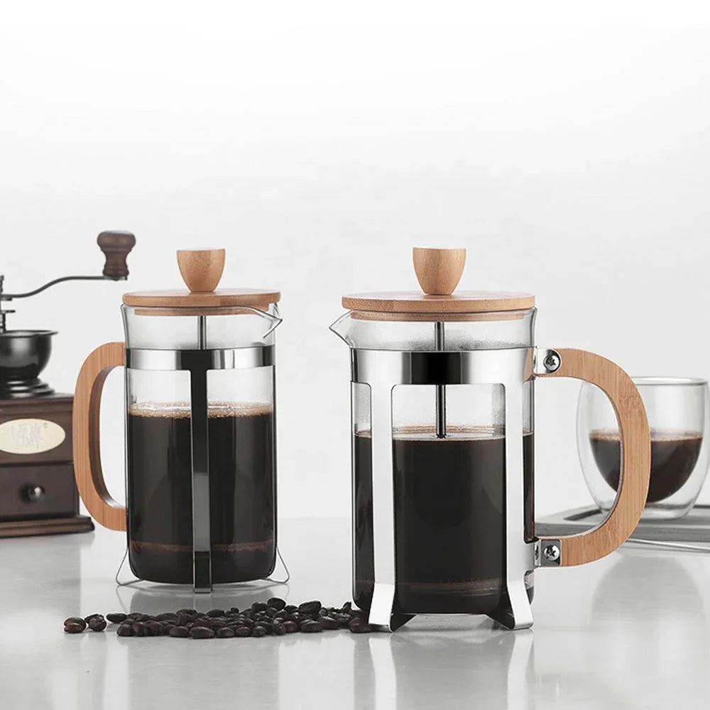 350/600ml Stainless Steel Pressing pots Food Grade Press type Wooden handle Maker French Transparent Press for Coffee and Tea Peaceful Pleasures Health and Wellness