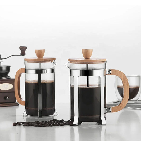 350/600ml Stainless Steel Pressing pots Food Grade Press type Wooden handle Maker French Transparent Press for Coffee and Tea Peaceful Pleasures Health and Wellness