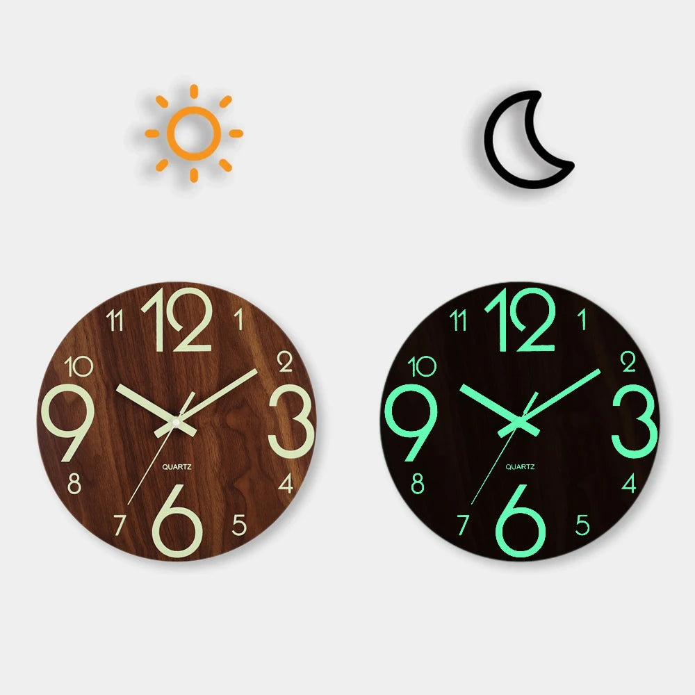 12 Inch Luminous Wall Clock Wood Silent light in dark night Nordic Fashion Wall Clock Non Ticking Clock With Night Light Peaceful Pleasures Health and Wellness YG003 4 inch