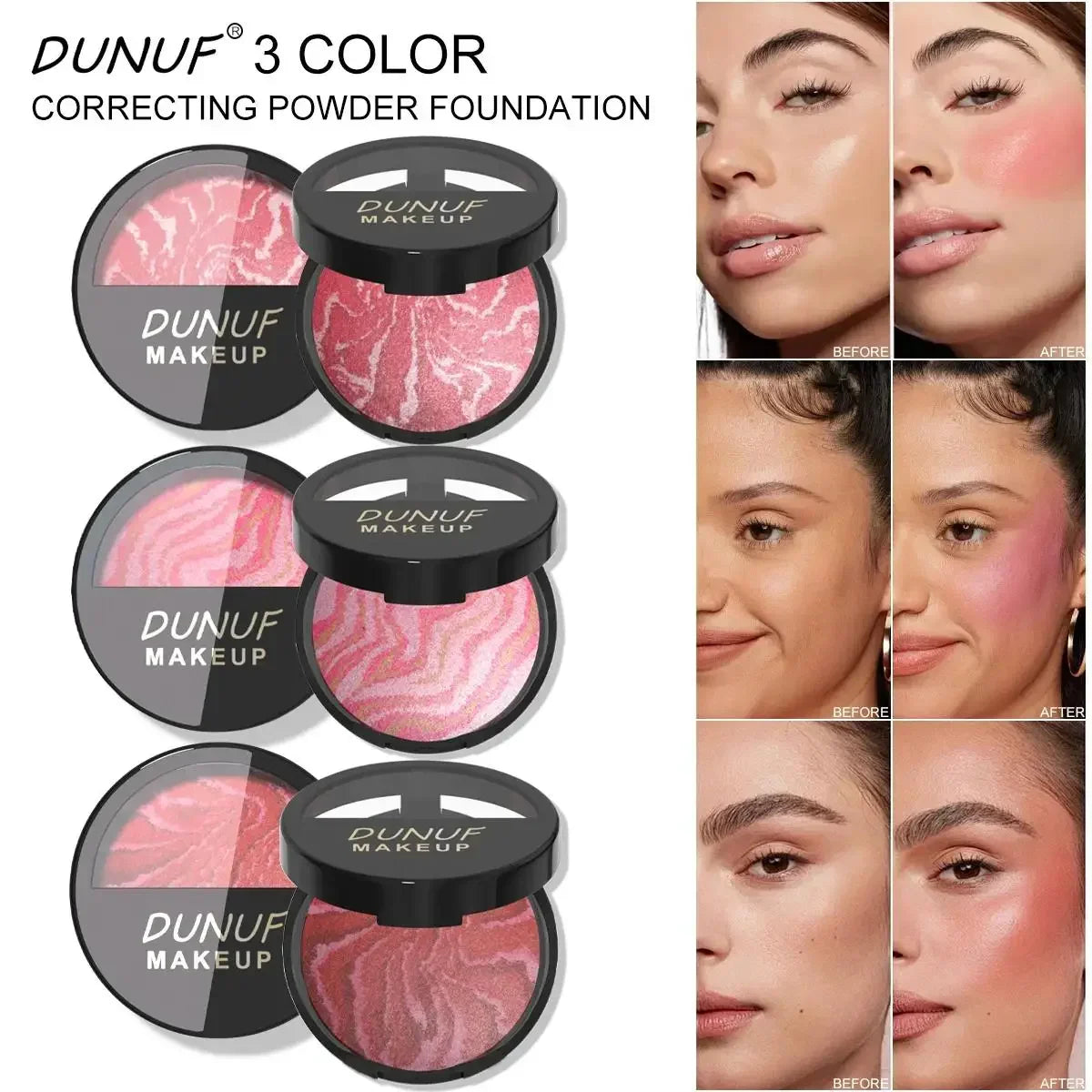 DUNUF 3-Tone Baked Blush Palette – Waterproof & Long-Lasting