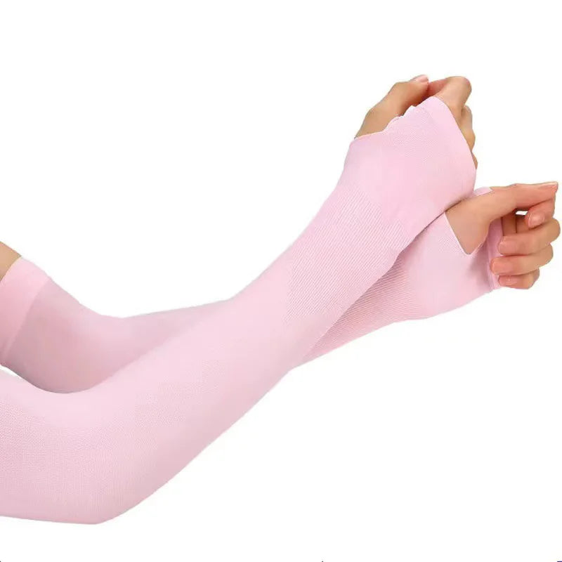 1Pair UV Protection Arm Sleeves for Men Women Summer Driving Sunscreen Ice Silk Cover Hand Protector Half Finger Long Gloves Peaceful Pleasures Health and Wellness Pink-Finger-38cm One Size