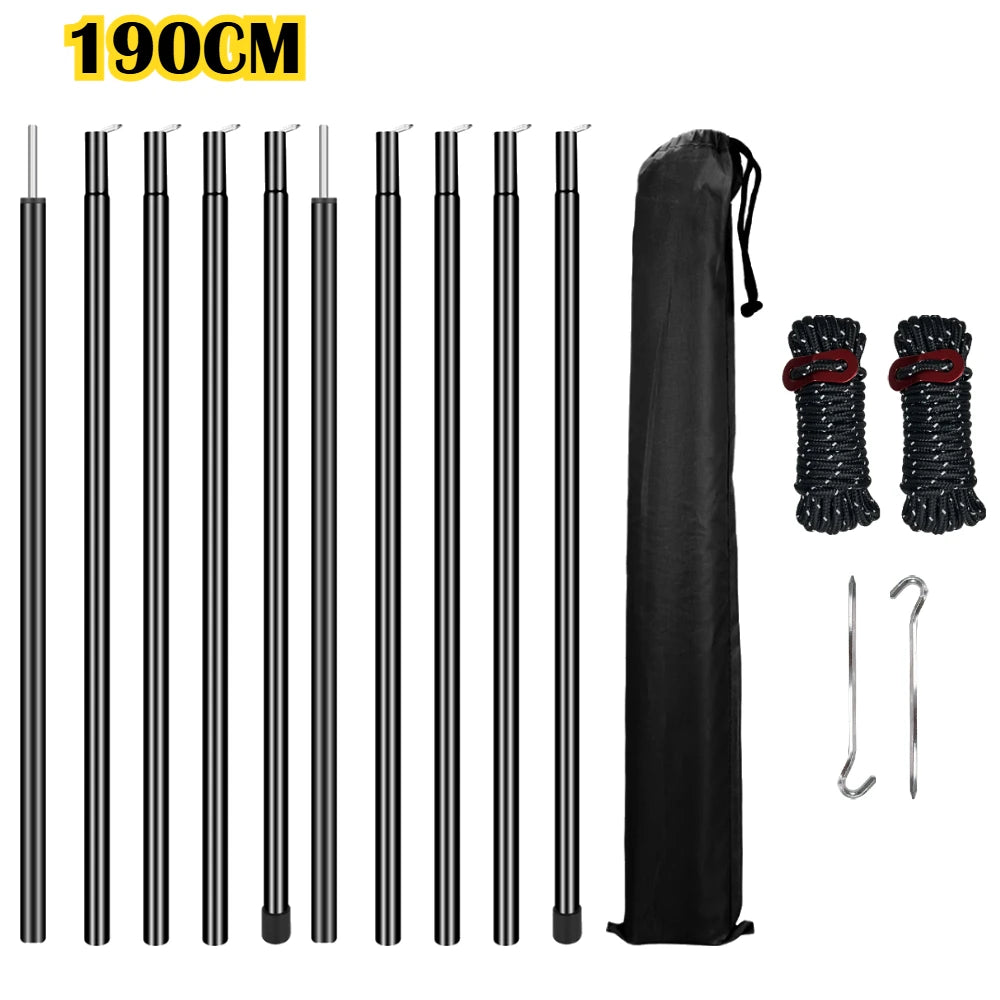 Set of 2 Tent Poles Adjustable Tarp Poles Steel Rods for Tarp Canopy Hiking Camping Replacement with Pegs & Reflective Ropes Peaceful Pleasures Health and Wellness 190CM Black kits 1