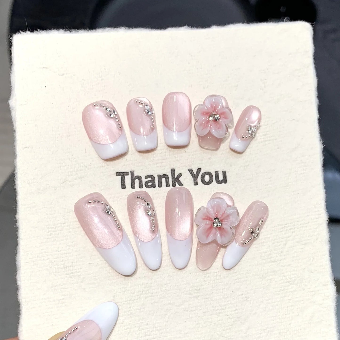 10pcs Handmade Press on Nails White French Cat Eye Fake Nails with 3d Carving Flowers Wearable Reusable Ins Simple False Nails Peaceful Pleasures Health and Wellness