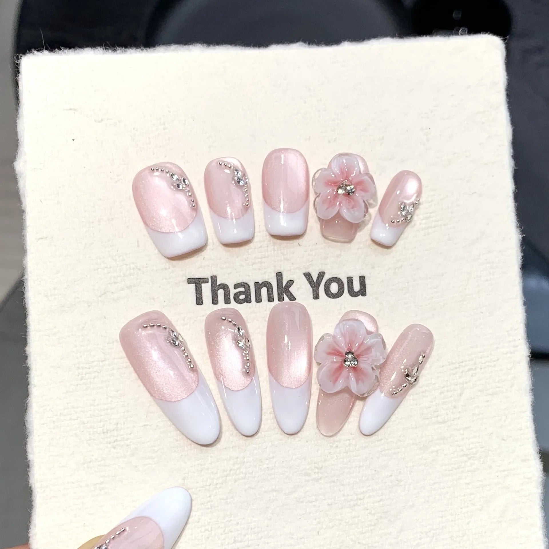 10pcs Handmade Press on Nails White French Cat Eye Fake Nails with 3d Carving Flowers Wearable Reusable Ins Simple False Nails Peaceful Pleasures Health and Wellness