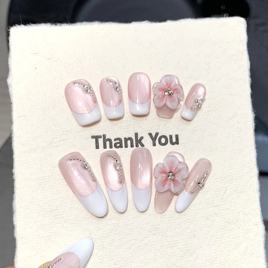 10pcs Handmade Press on Nails White French Cat Eye Fake Nails with 3d Carving Flowers Wearable Reusable Ins Simple False Nails Peaceful Pleasures Health and Wellness