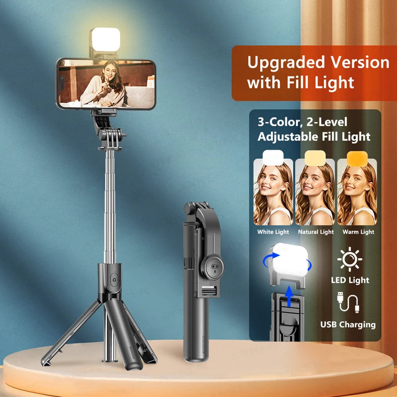 Selfie Stick Tripod with Detachable Bluetooth Remote, 360° Rotation,Extendable Pole, Fill Light Option, for iPhone Android Phone Peaceful Pleasures Health and Wellness with Fill Light with Storage Bag