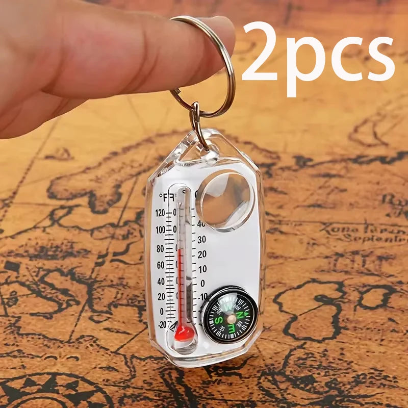 1 Keychain Compass Portable Mini Outdoor Thermometer Magnifying Glass