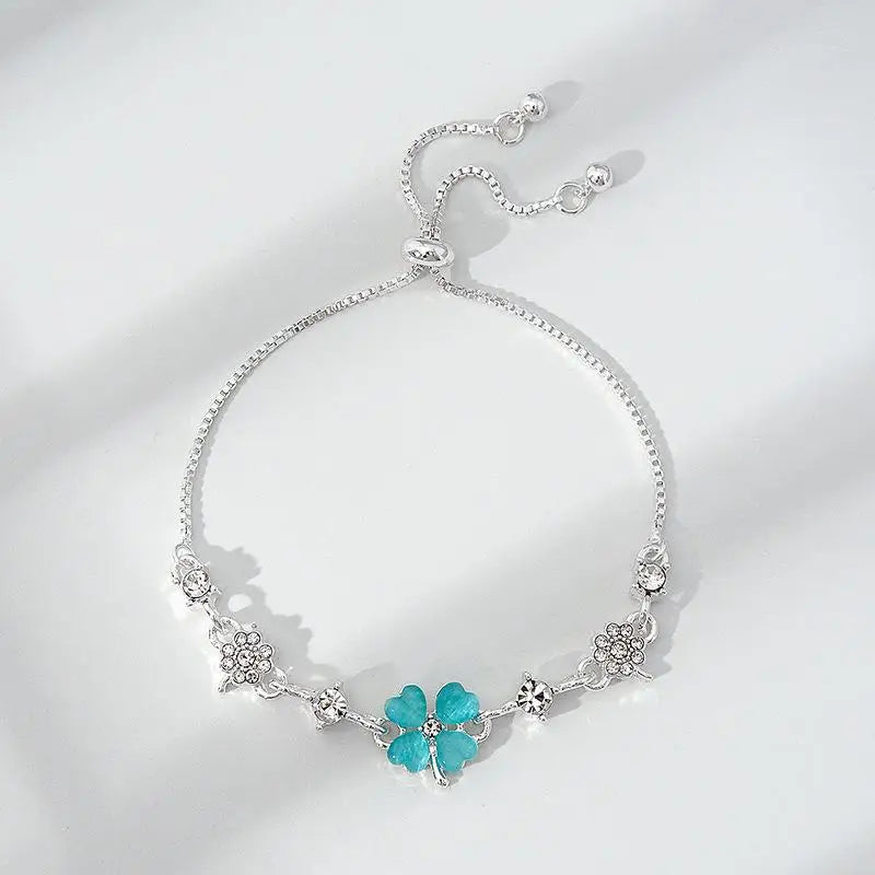 Four Leaf Clover Zircon Opal Charm Bracelet | Adjustable Bangle