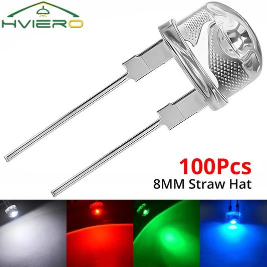 100Pcs 8mm Straw Hat LED Beads – White Red Blue Green DIY LED Diode Beads Oasis Select