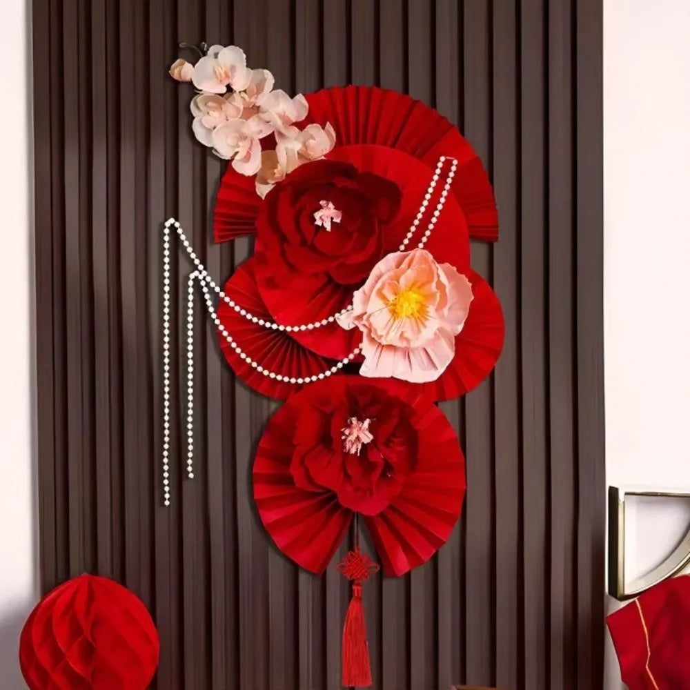 2025 Chinese New Year Wall Decoration Paper DIY Crafts Flower Backdrop Red Party Supplies Spring Festival Background Home Decor Peaceful Pleasures Health and Wellness C