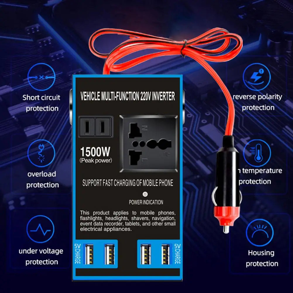 1500W Car Power Inverter 12V/24V to 110V/220V + 4 USB Ports