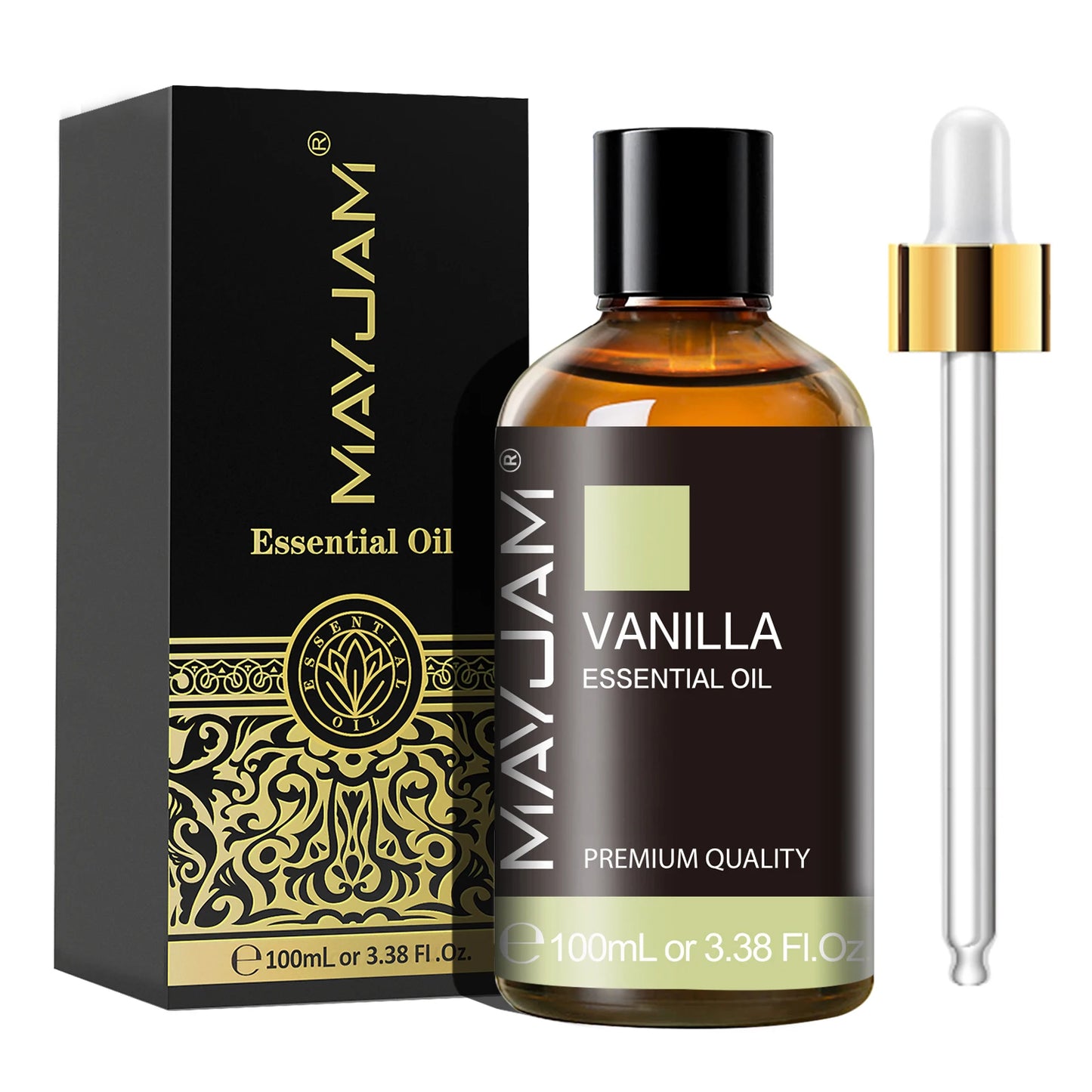 MayJam Vanilla essential oil bottle with packaging on a white background