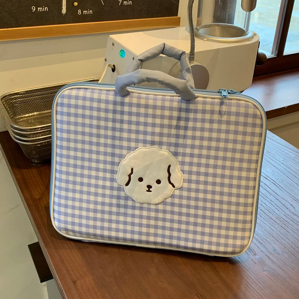 Little Bear Blue Checkerboard 13 Computer Bag Korean Cute Cartoon