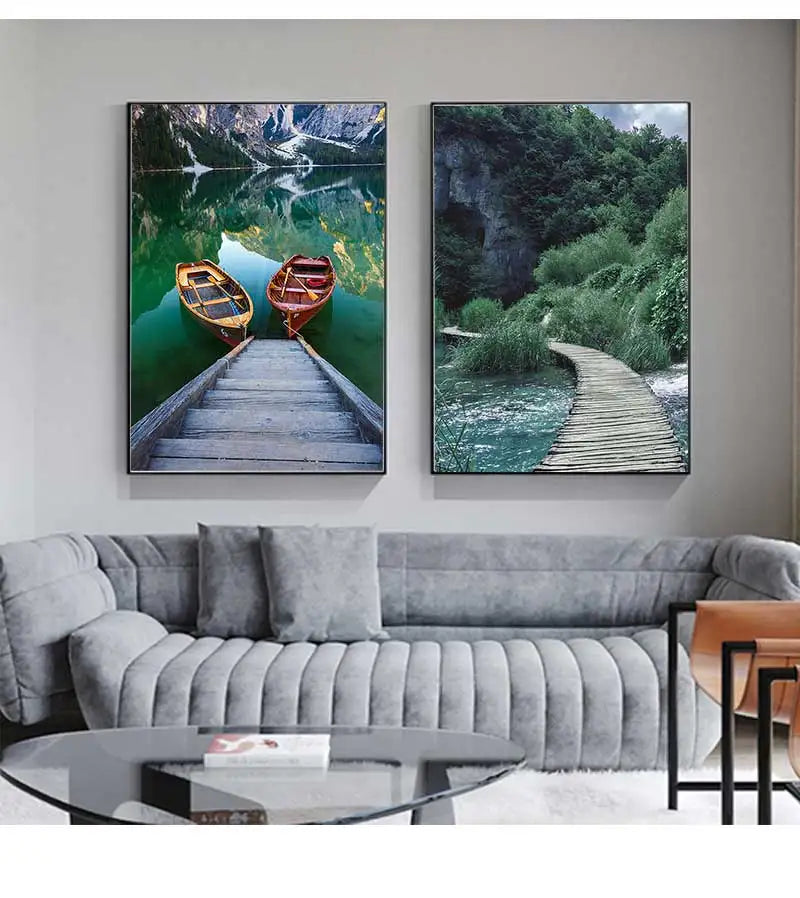 Nordic Boat Lake Mountain Canvas Wall Art | Scandinavian Print