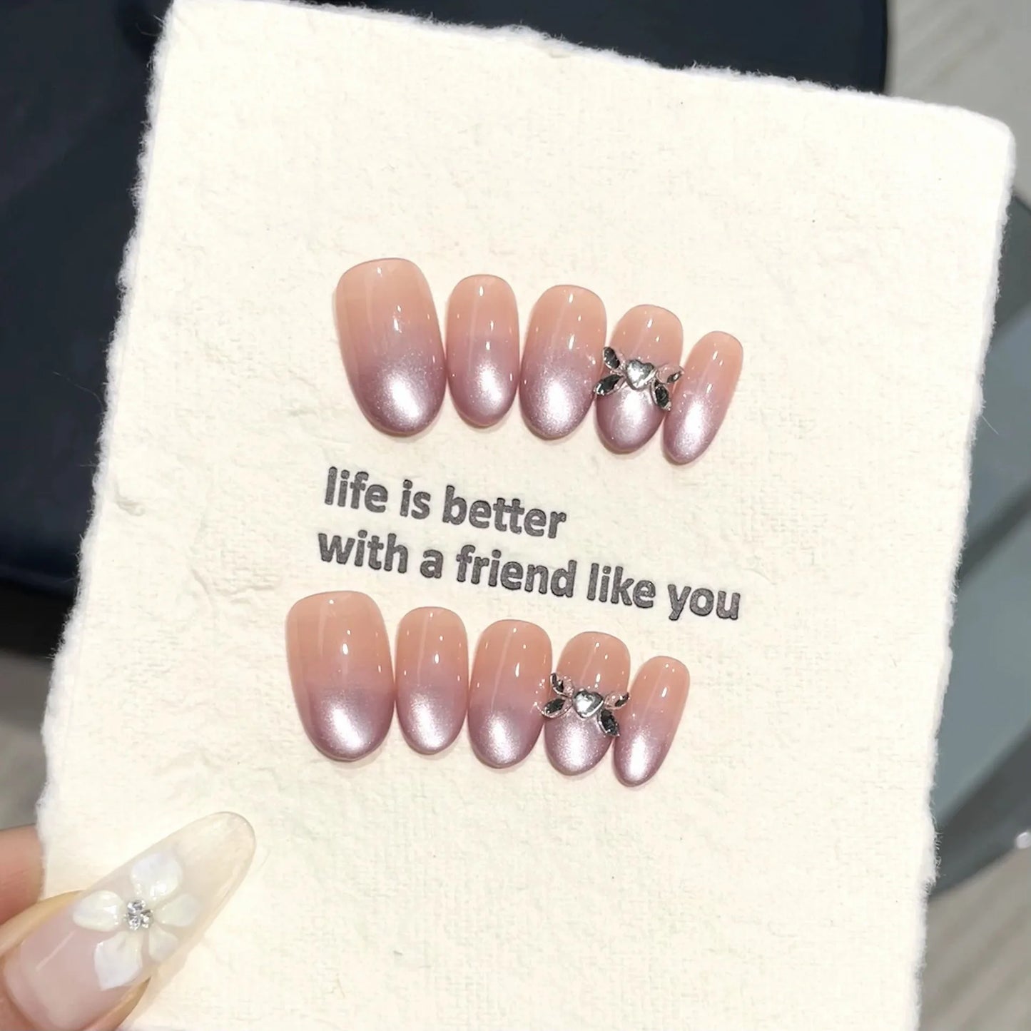 10pcs Handmade Press On Nails 3D Bow Cat's Eye Almond Purple