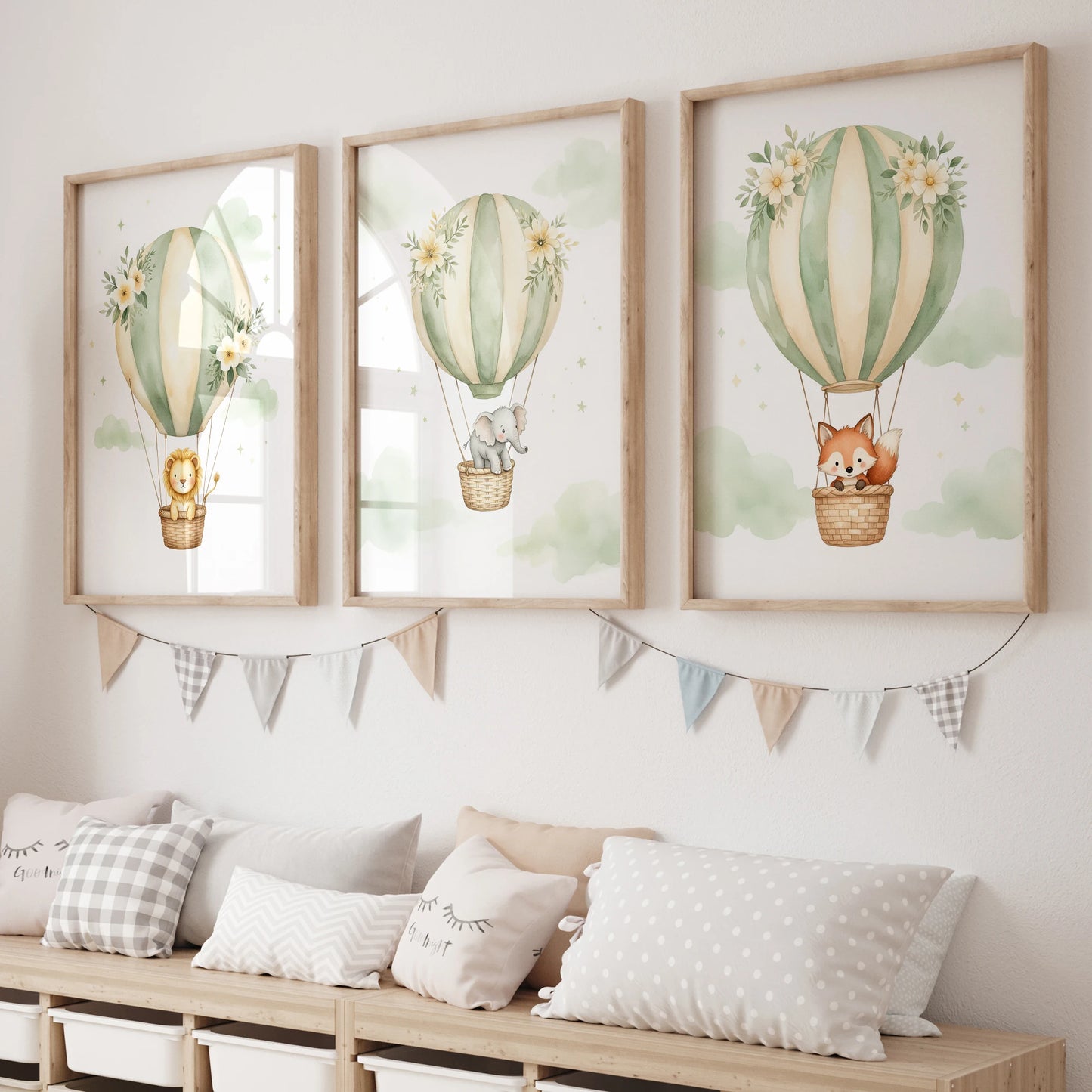 Watercolor Hot Air Balloon Animals Canvas Wall Art | Kids Room