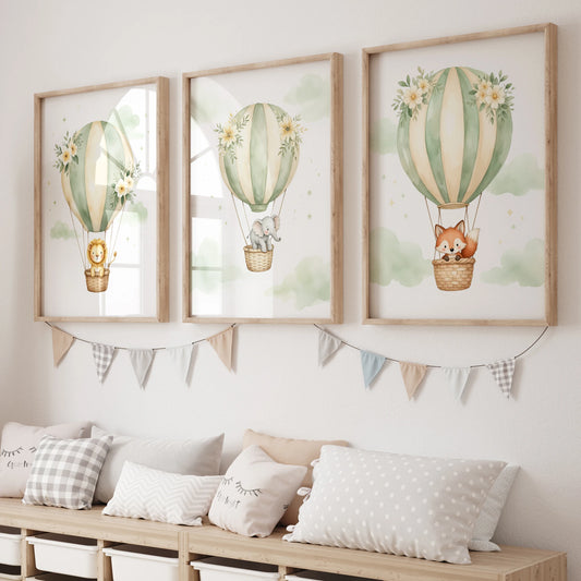 Watercolor Hot Air Balloon Animals Canvas Wall Art | Kids Room Canvas Wall Art Print Peaceful Pleasures Health and Wellness GP074-3pcs 60x80cm Unframed