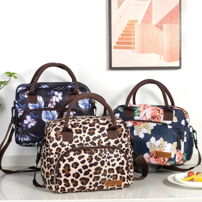 Leopard Print Oxford Cloth Food Insulation Bag Handheld Crossbody Ice Pack for Picnic Travel Food Preservation Storage Peaceful Pleasures Health and Wellness