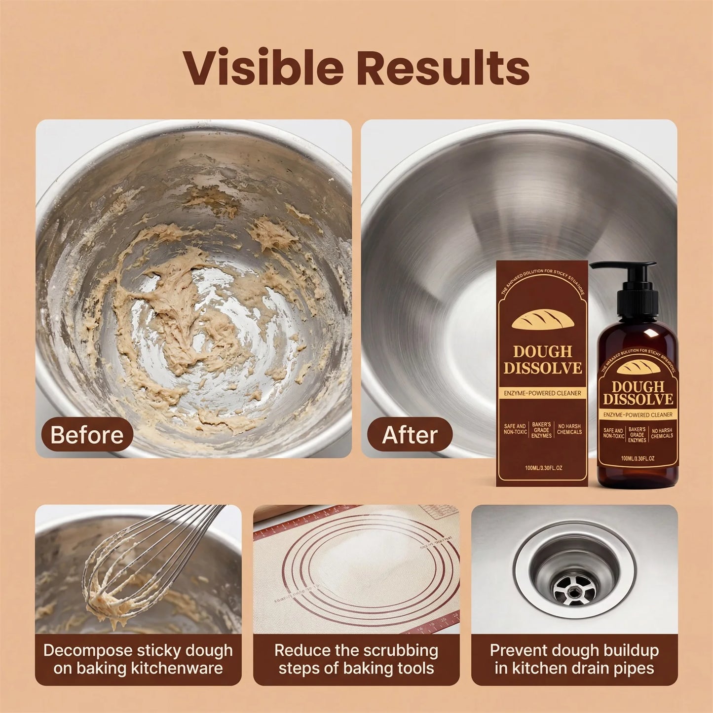 Dough Disslove Cleaner for Baking Pans and Utensils Dissolves Stubborn Flour Residue Fast Easy Wash off Enzyme Kitchen Cleaner Peaceful Pleasures Health and Wellness