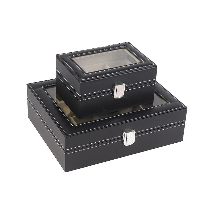Watch Box Glass Lid Detachable Black PU Leather Watch Box Display Case Organizer With Framed Glass Lid And Removable Pillow Peaceful Pleasures Health and Wellness