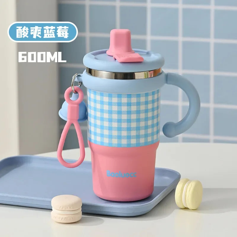 Insulated Cup Stainless Steel Insulated Ice Cream Cup Double Drinking Student Straw Water Cup Large Capacity High Beauty Cup New Peaceful Pleasures Health and Wellness Sour Blueberry 600ML