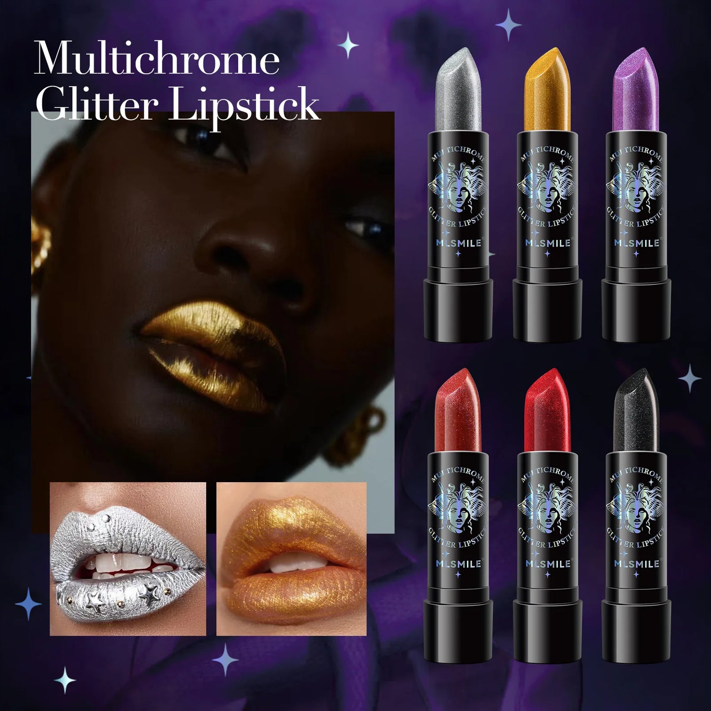 MLSMILE Glitter Lipstick | Waterproof Metallic Pearlescent 6 Colors