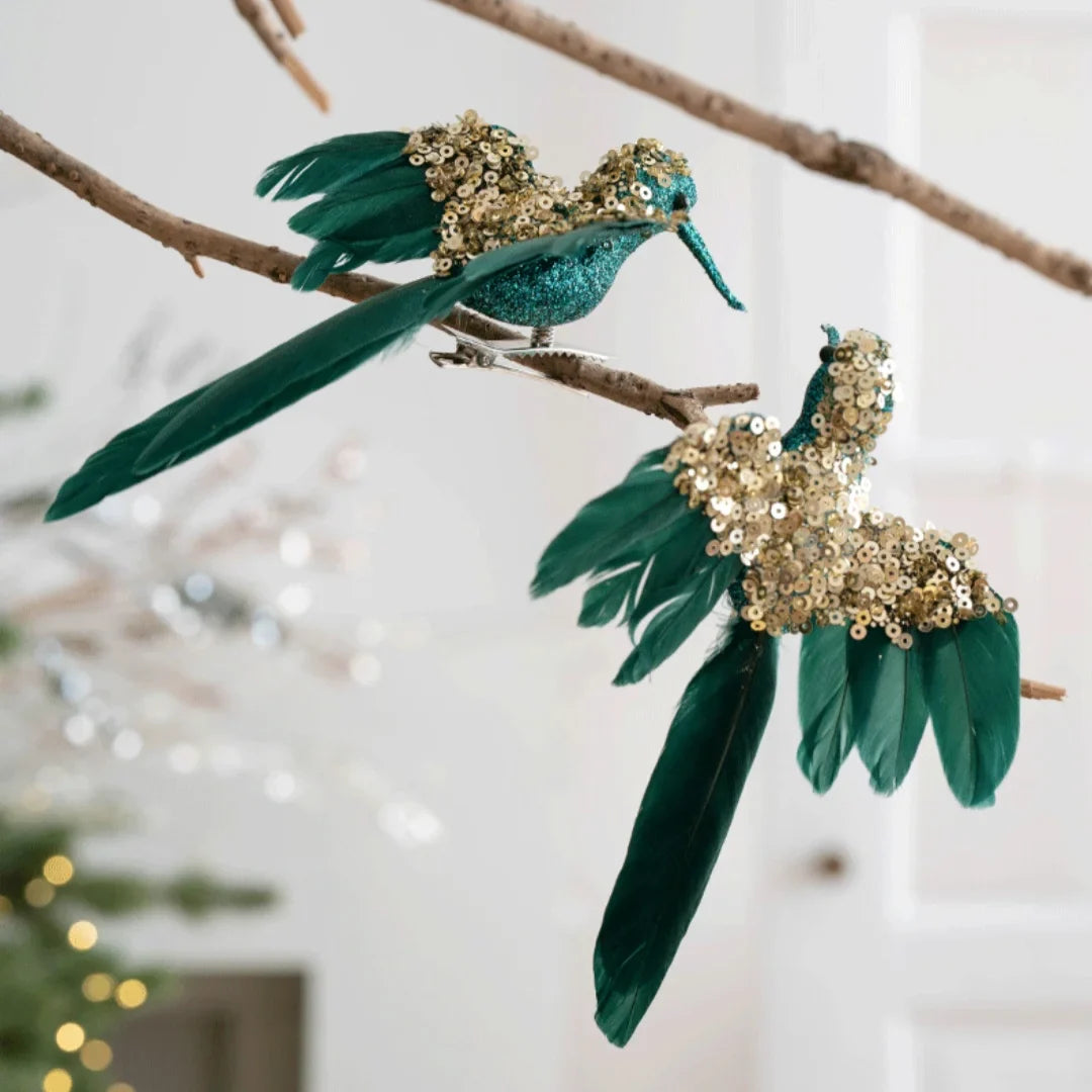 2PCS Feathered Hummingbird Christmas Tree Ornaments | Glitter Birds