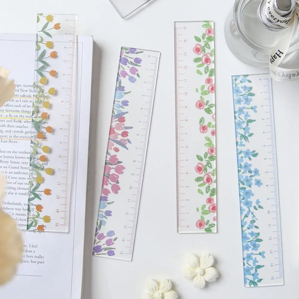 Creative Multifunction 15cm Straight Ruler Double-duty Acrylic Math Drawing Ruler Tulip Transparent Flower Bookmark Student Peaceful Pleasures Health and Wellness