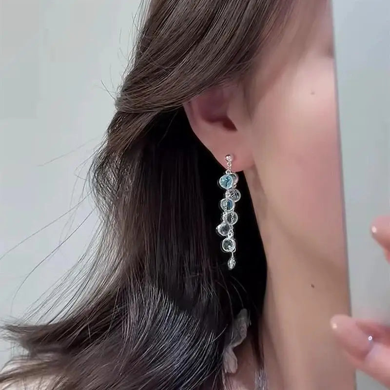 Fresh Light Blue Purple Sparkling Diamond Tassel Earrings Luxurious and Niche Delicate White Earrings Korean Style Cool Earrings Peaceful Pleasures Health and Wellness