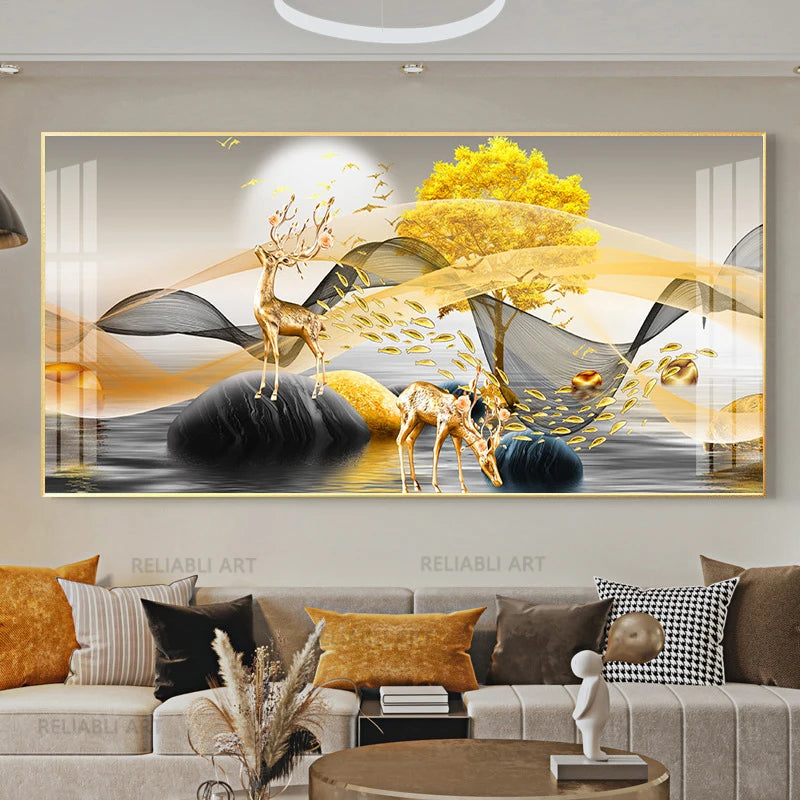 Chinese Feng Shui Golden Rich Tree Canvas Painting Wall Art Deer Landscape Lucky Stone Posters Wall Art for Living Room Decor Peaceful Pleasures Health and Wellness