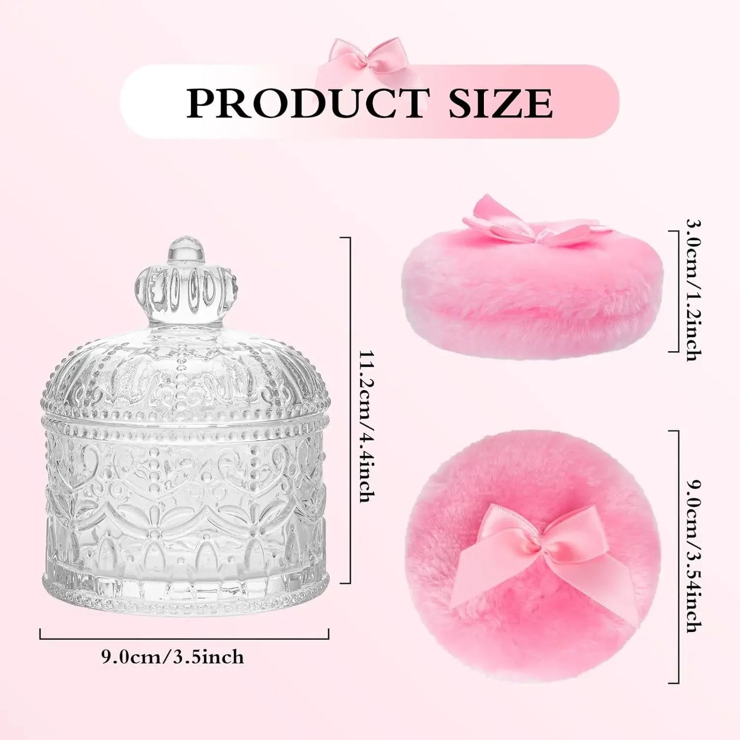 2-Piece Velour Powder Puff Set with Crystal Glass Container, Soft Washable for Face and Body Makeup Peaceful Pleasures Health and Wellness