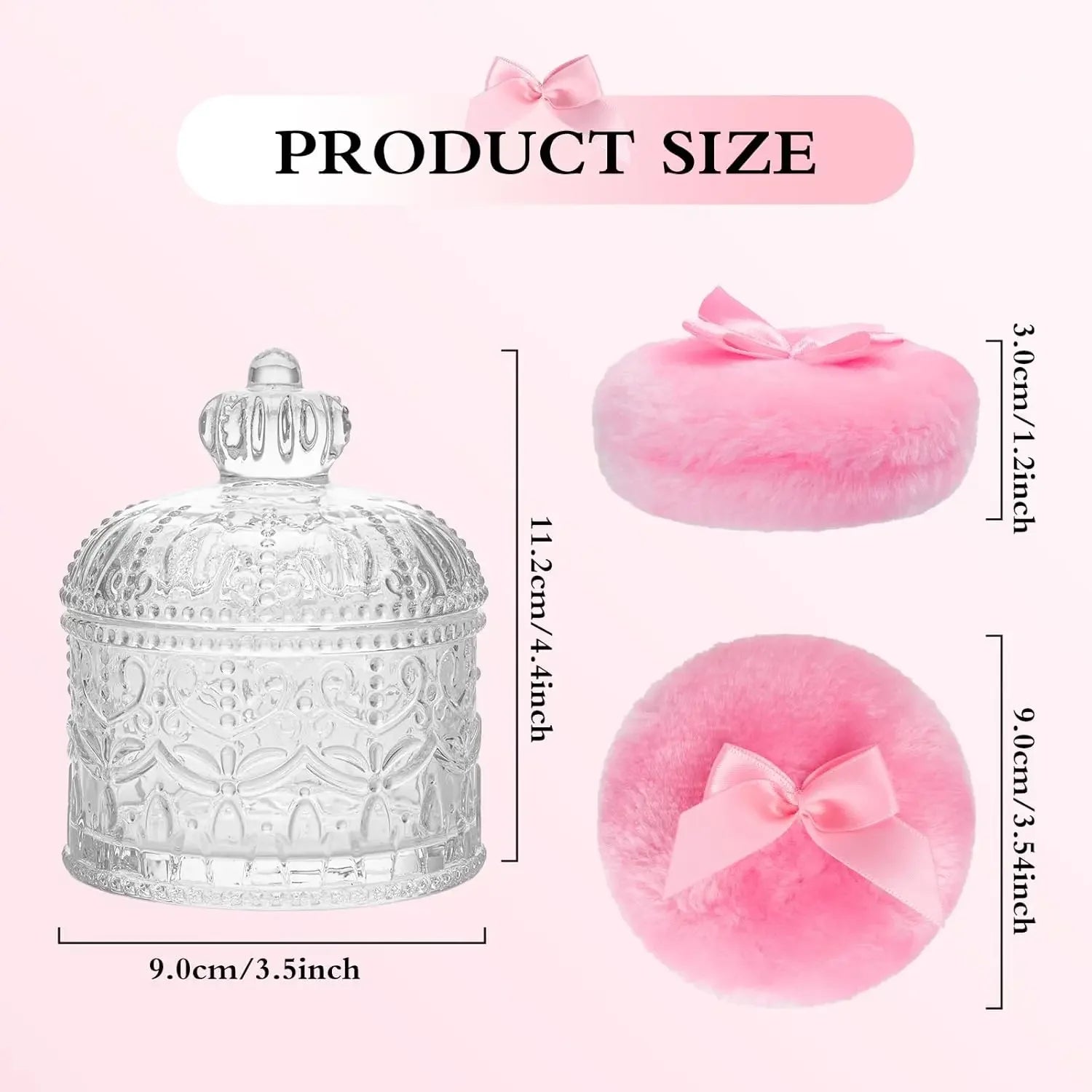 2-Piece Velour Powder Puff Set with Crystal Glass Container, Soft Washable for Face and Body Makeup Peaceful Pleasures Health and Wellness
