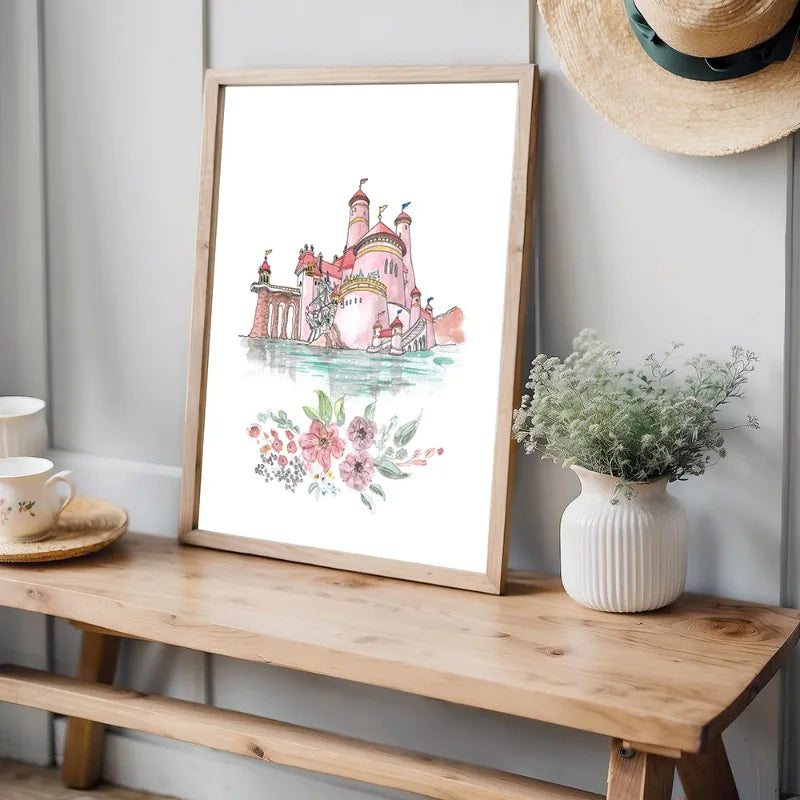 Watercolor Princess Castle Canvas Wall Art | Girls Nursery Decor