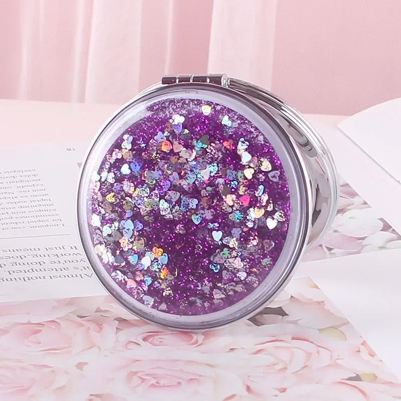 Portable Double-Sided Folding Cosmetic Mirror Female Gifts With Flowing Sparkling Sand Mini Makeup Mirror Compact Pocket Mirrors Peaceful Pleasures Health and Wellness VIOLET/紫罗兰