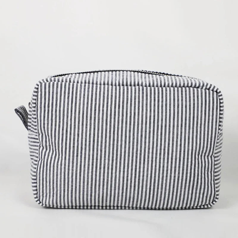 Seersucker Ruffle Cosmetic Bag – Pink & Purple Makeup Bag Cosmetic Makeup Bag Peaceful Pleasures Health and Wellness black