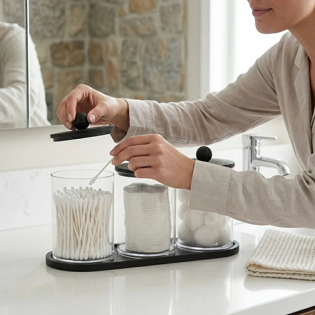 3-Pack Q-Tip Holder & Apothecary Jar Set with Tray – Cotton Swab & Dental Floss Organizer