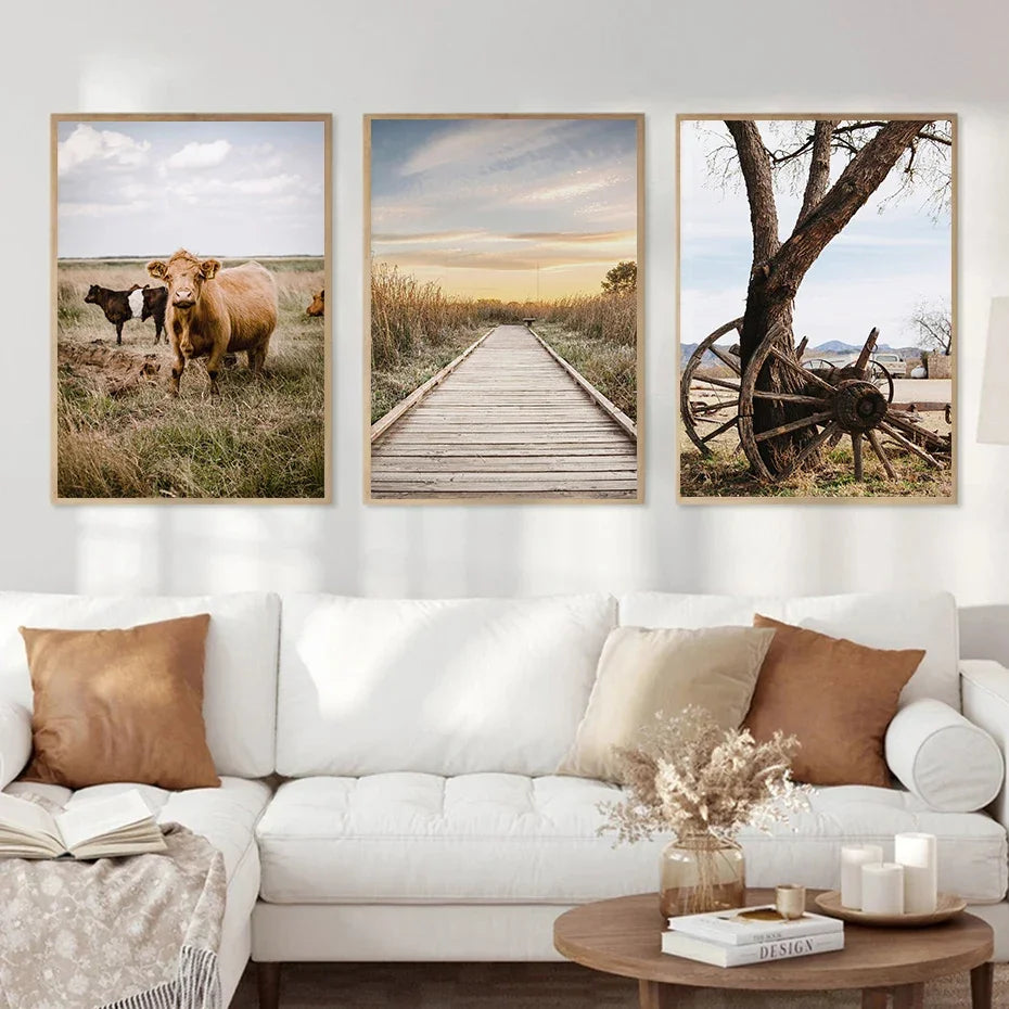 Nature Landscape Canvas Wall Art | Deer, Cow, Horse, Lake Print