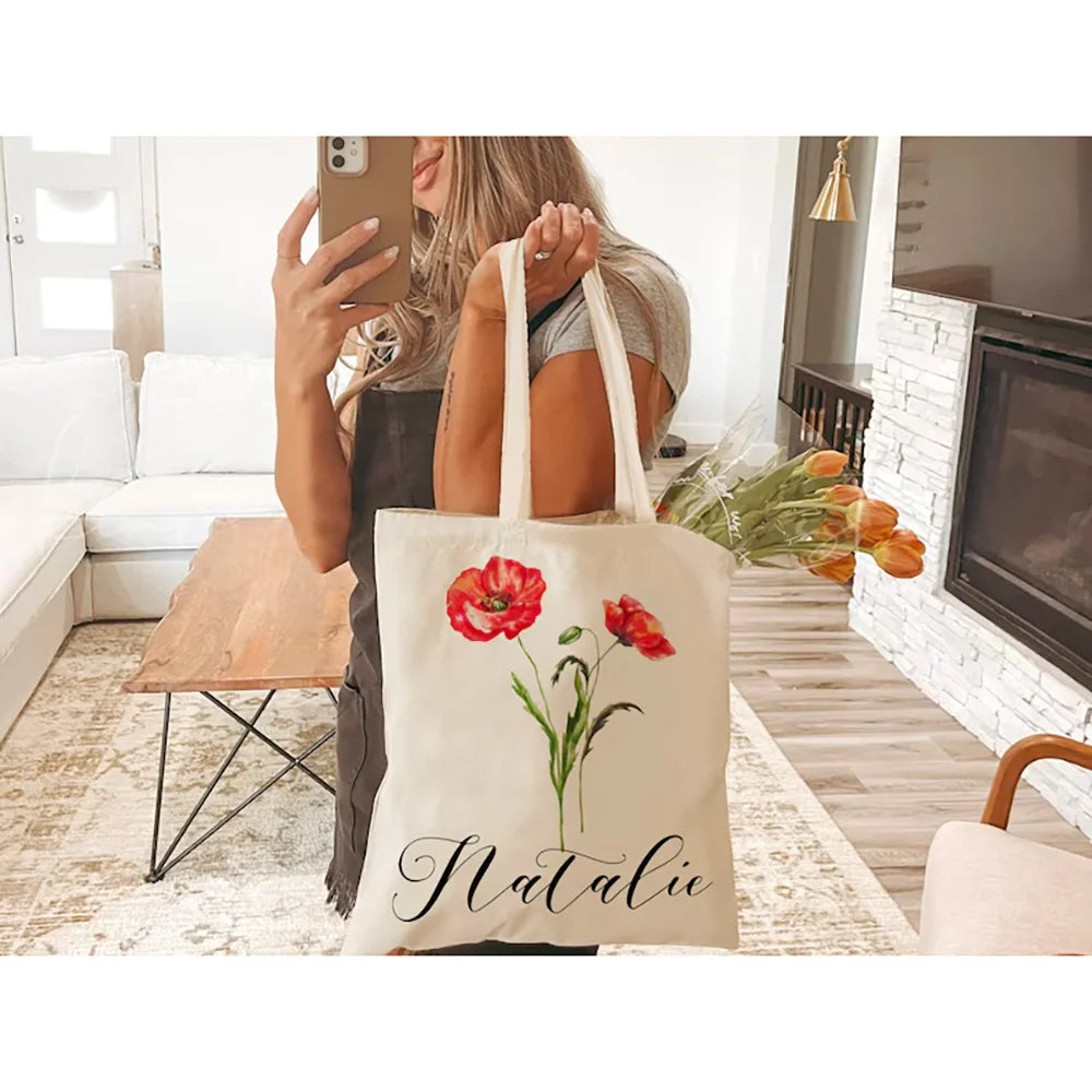 Personalized Birth Flower Canvas Tote Bag | Custom Name Gift