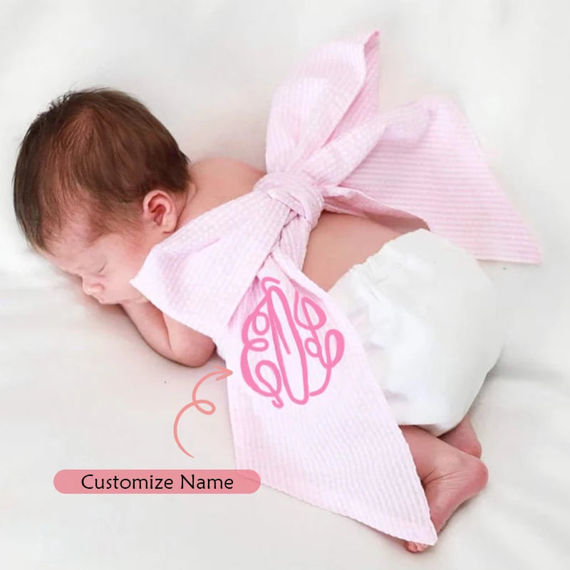 Personalized Seersucker Bow Sash Baby Blanket | Shower Gift