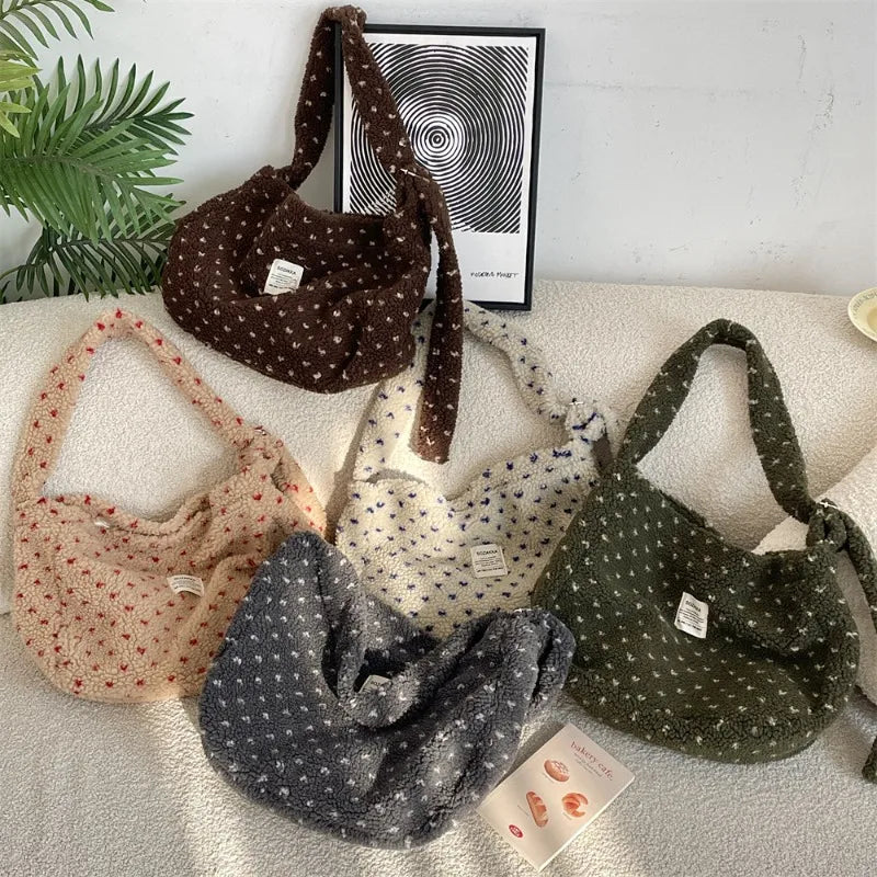 Autumn Winter Plush Heart Crossbody Bag Large Capacity Canvas Shoulder Bag Shopping Tote for Daily Use Versatile Commuting Bag Peaceful Pleasures Health and Wellness