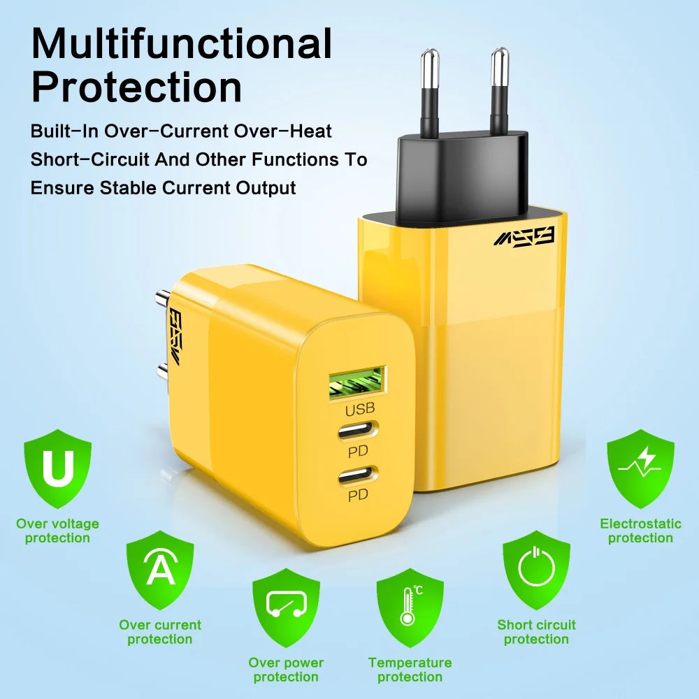 65W PD Fast Charger 3-Port USB-A Dual USB-C Wall Adapter Peaceful Pleasures Health and Wellness